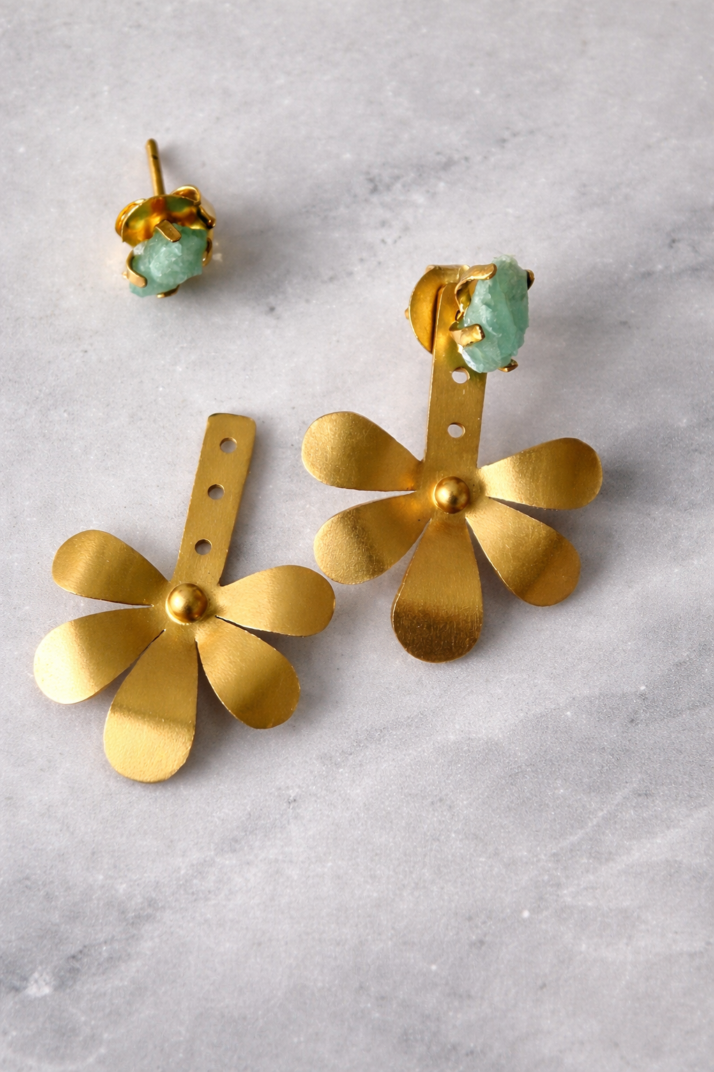 Golden Bloom Raw Emerald Ear Jacket Earrings – Handmade 18k Gold Plated Floral Drops