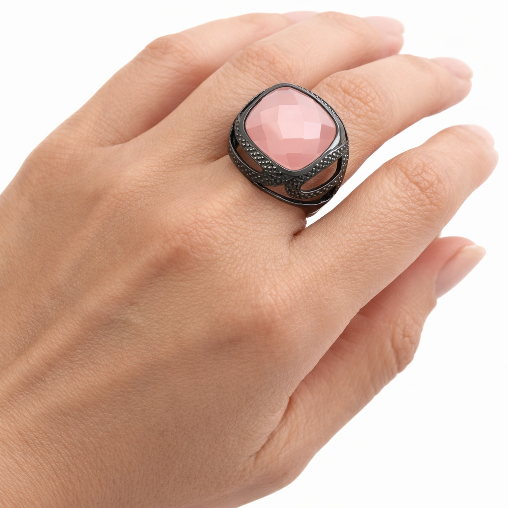 Midnight Blush Pink Quartz Ring – Black Rhodium Statement Ring