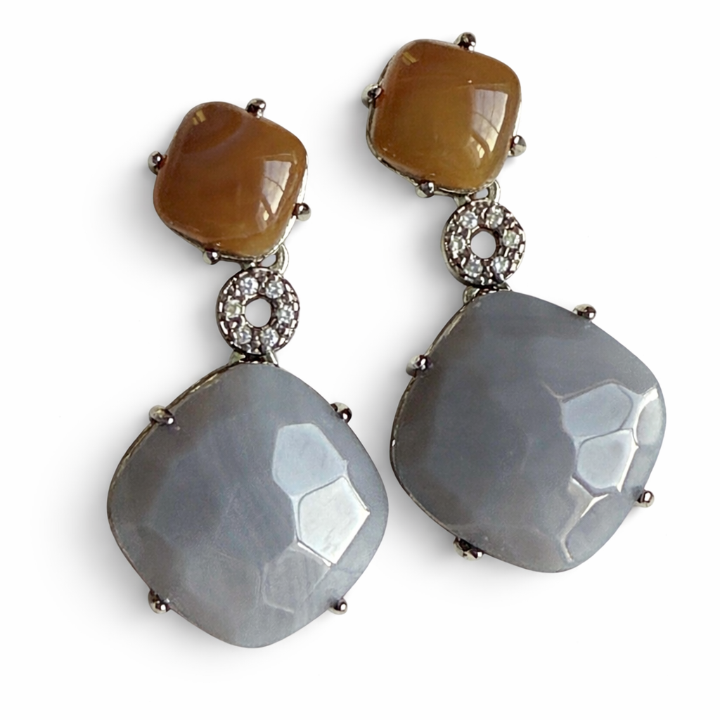 Refined Natural Agate Duo Drop Earrings – Rhodium Finish