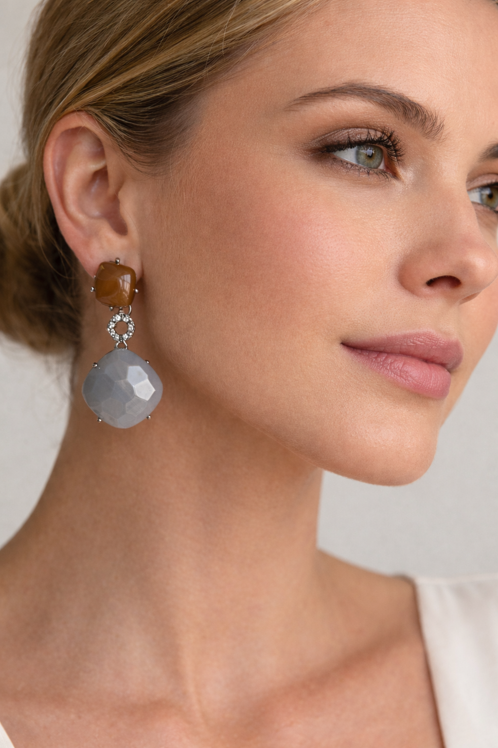 Refined Natural Agate Duo Drop Earrings – Rhodium Finish