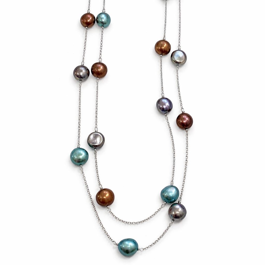 Dyed Freshwater Pearl Long Station Necklace – Rhodium-Plated Sterling Silver