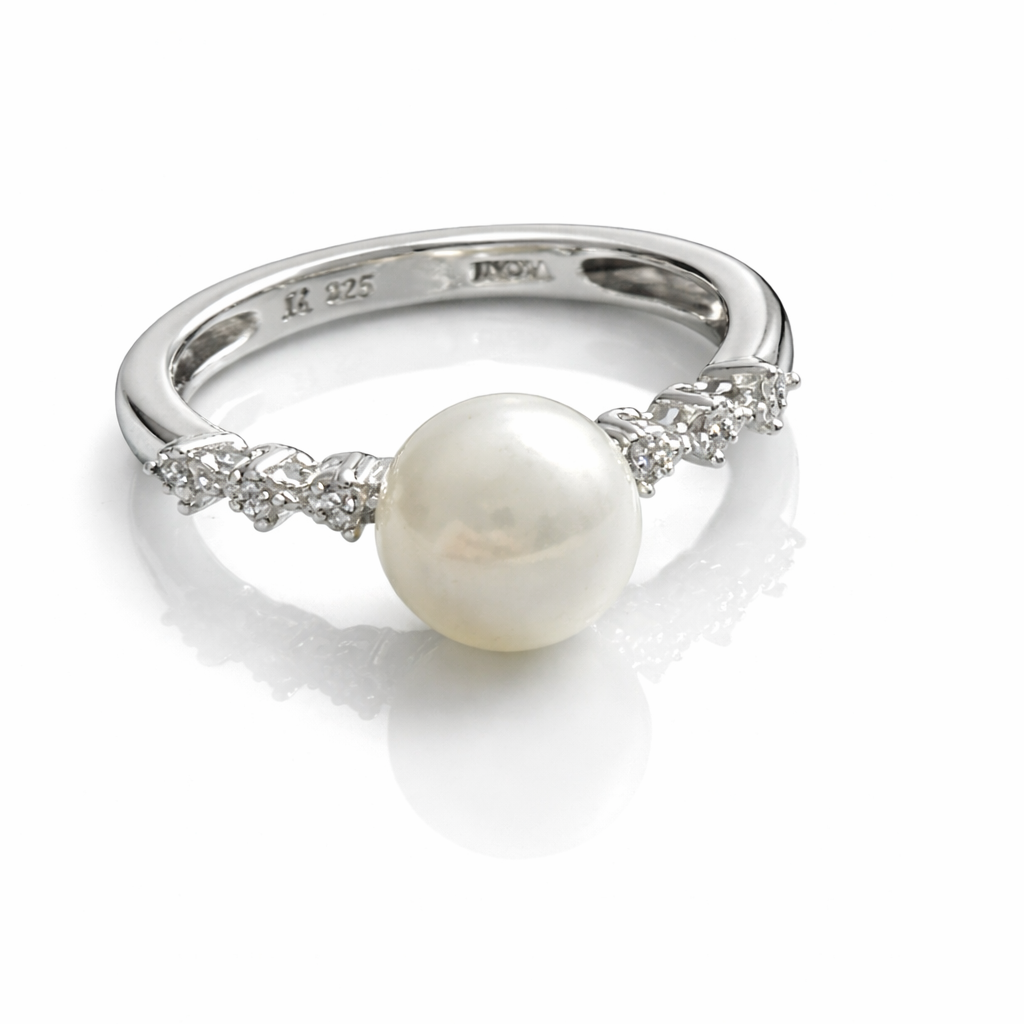 925 Sterling Silver Diamond & Freshwater Cultured Pearl Ring