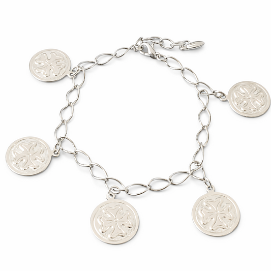 Silver Plated Lucky Clover Charm Bracelet with Embossed Medallions