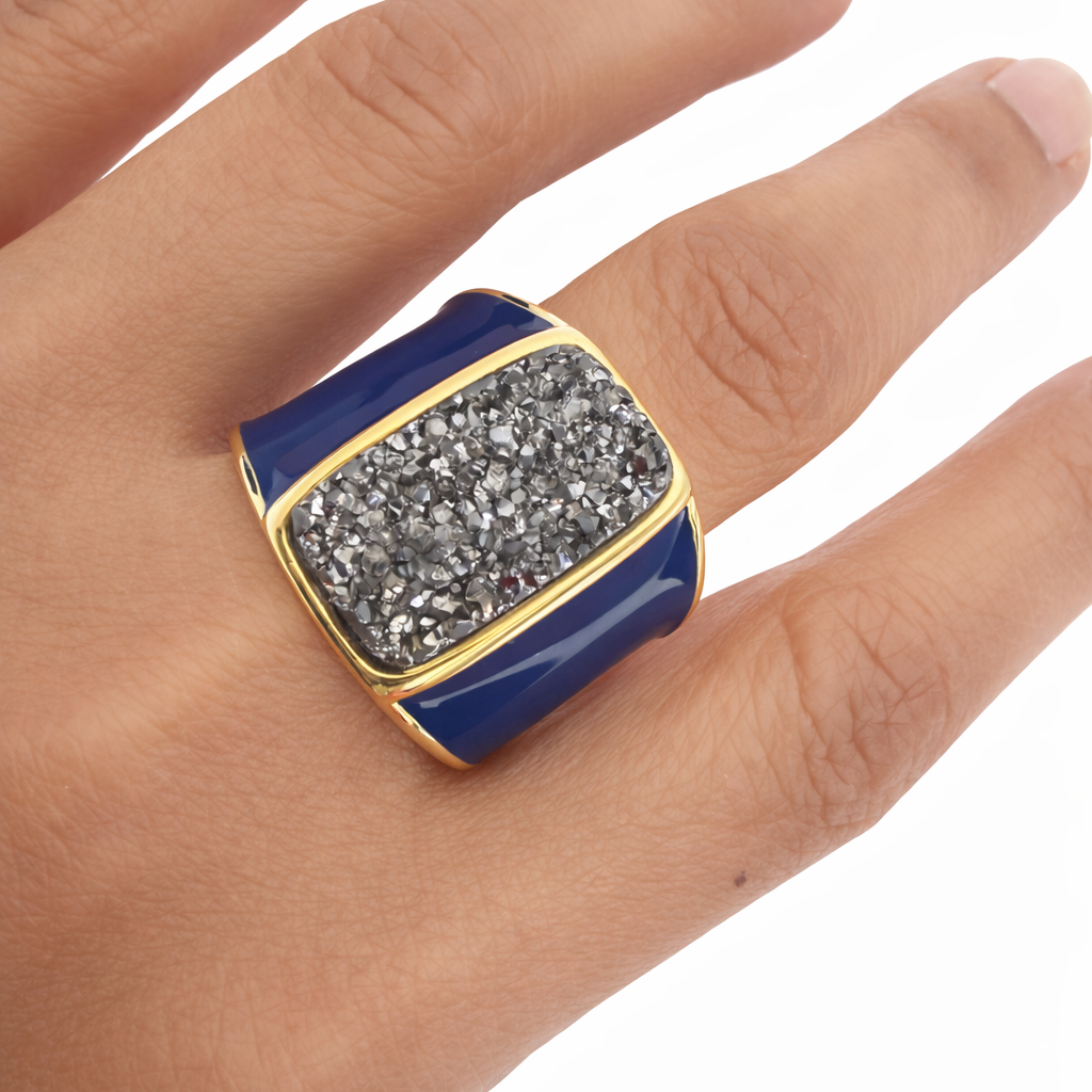 Blue Enamel 18K Gold Plated Ring with Natural Stone