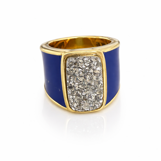 Blue Enamel 18K Gold Plated Ring with Natural Stone
