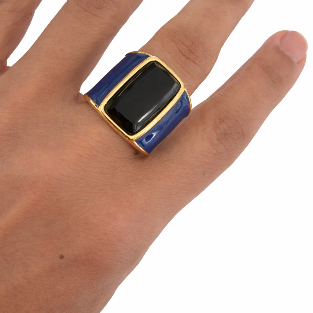 Blue Enamel 18K Gold Plated Ring with Natural Stone