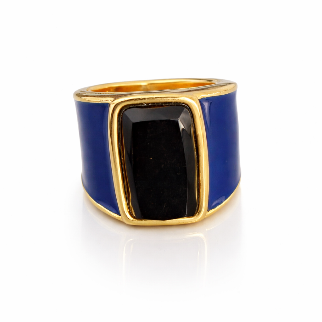 Blue Enamel 18K Gold Plated Ring with Natural Stone