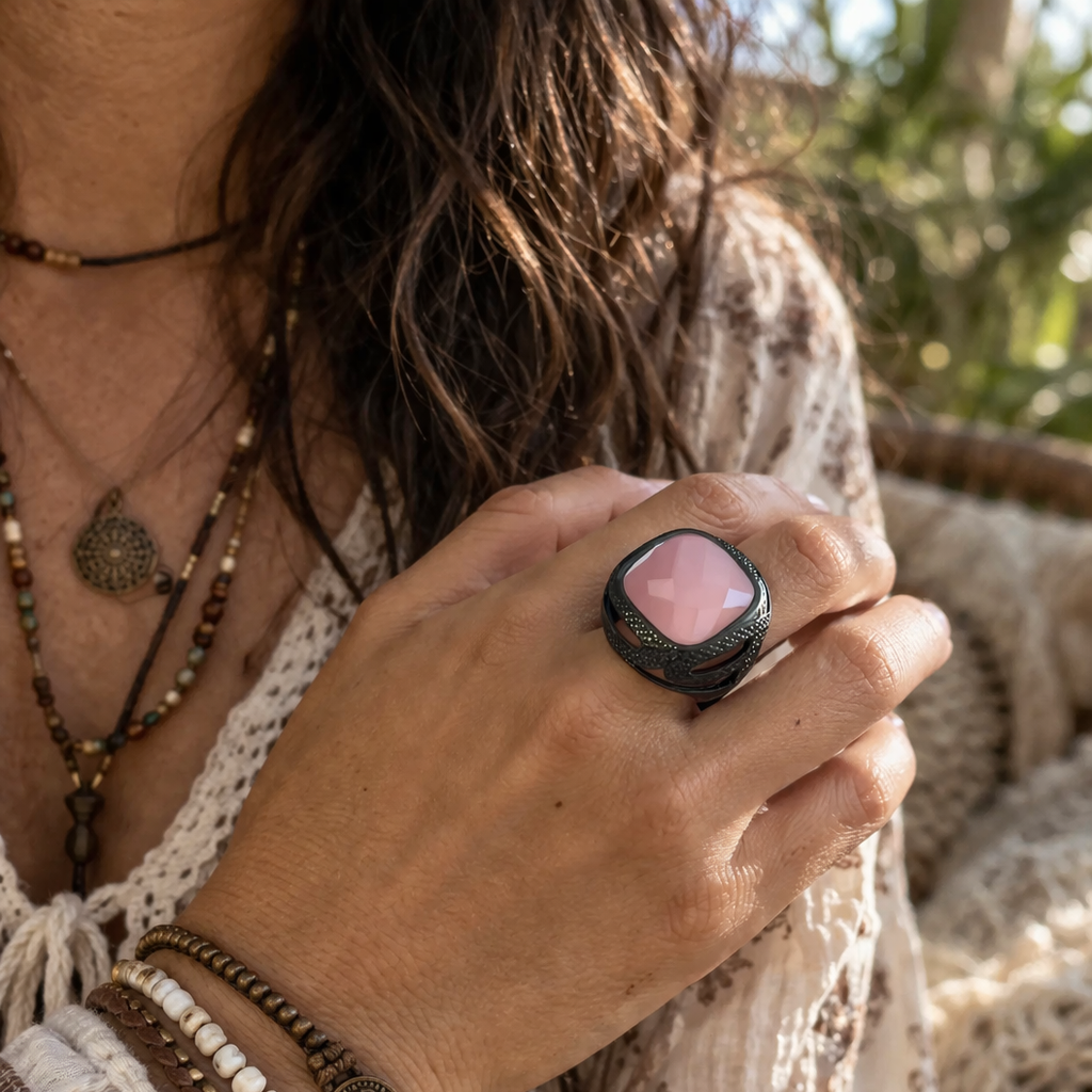 Midnight Blush Pink Quartz Ring – Black Rhodium Statement Ring