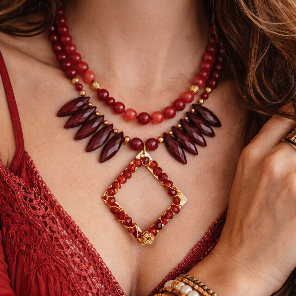 Handmade Red Agate & Crystal Necklace – 24K Gold Plated
