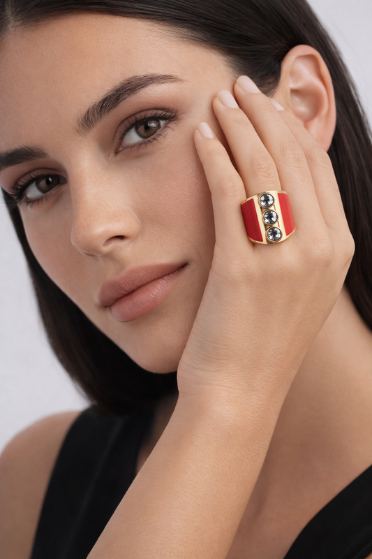 18K Gold Plated Enamel Ring with Natural Druse Stones