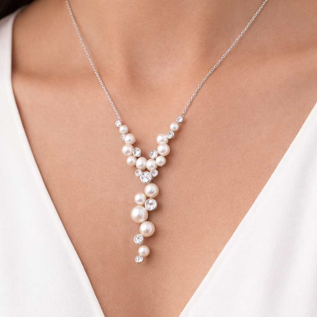 Freshwater Cultured Pearl & White Topaz Cluster Necklace – Sterling Silver