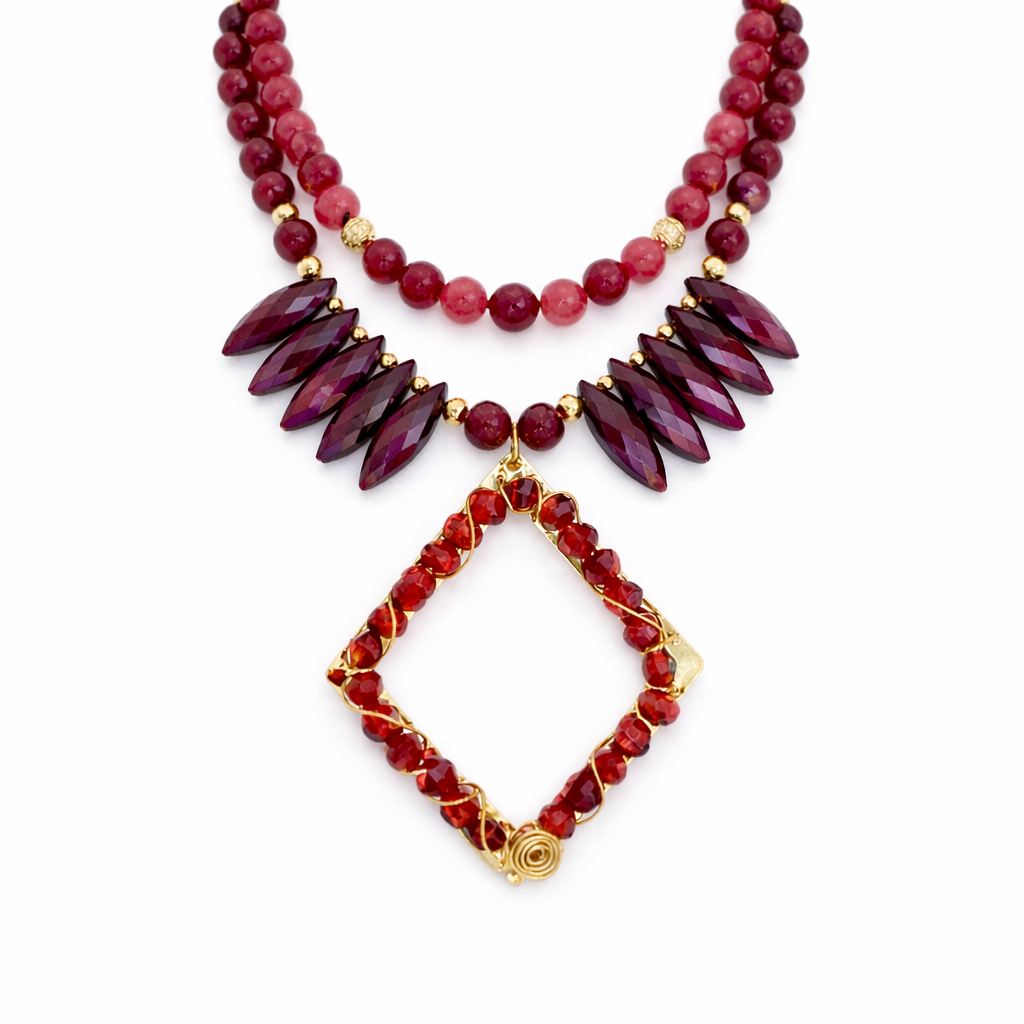 Handmade Red Agate & Crystal Necklace – 24K Gold Plated