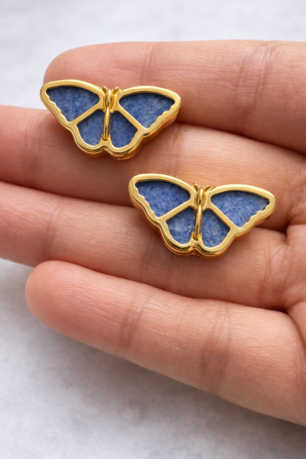 Natural Blue Quartz Butterfly Earrings – 18K Gold Plated Studs