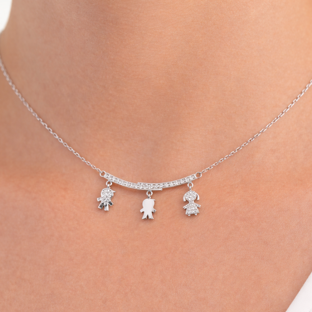 Sterling Silver 925 Family Charm Necklace with Cubic Zirconia Accents