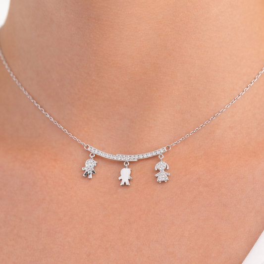 925 Sterling Silver Family Charm Necklace with Cubic Zirconia Accents