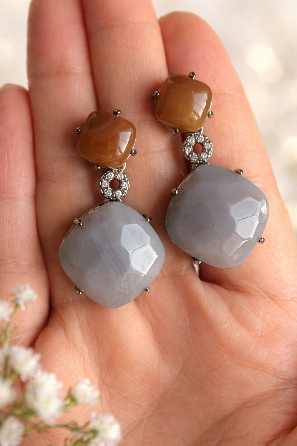 Refined Natural Agate Duo Drop Earrings – Rhodium Finish