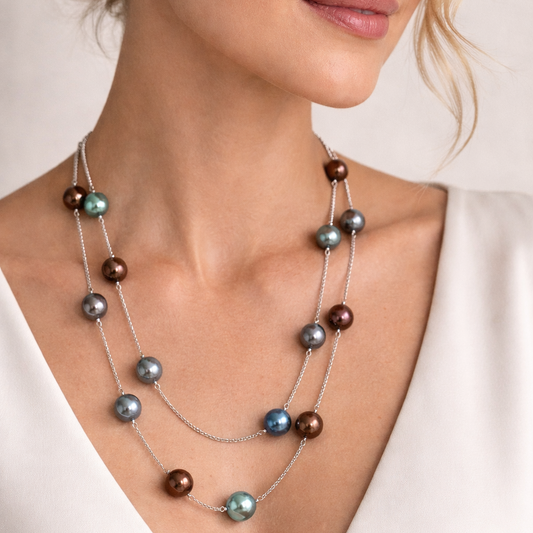 Dyed Freshwater Pearl Long Station Necklace – Rhodium-Plated Sterling Silver