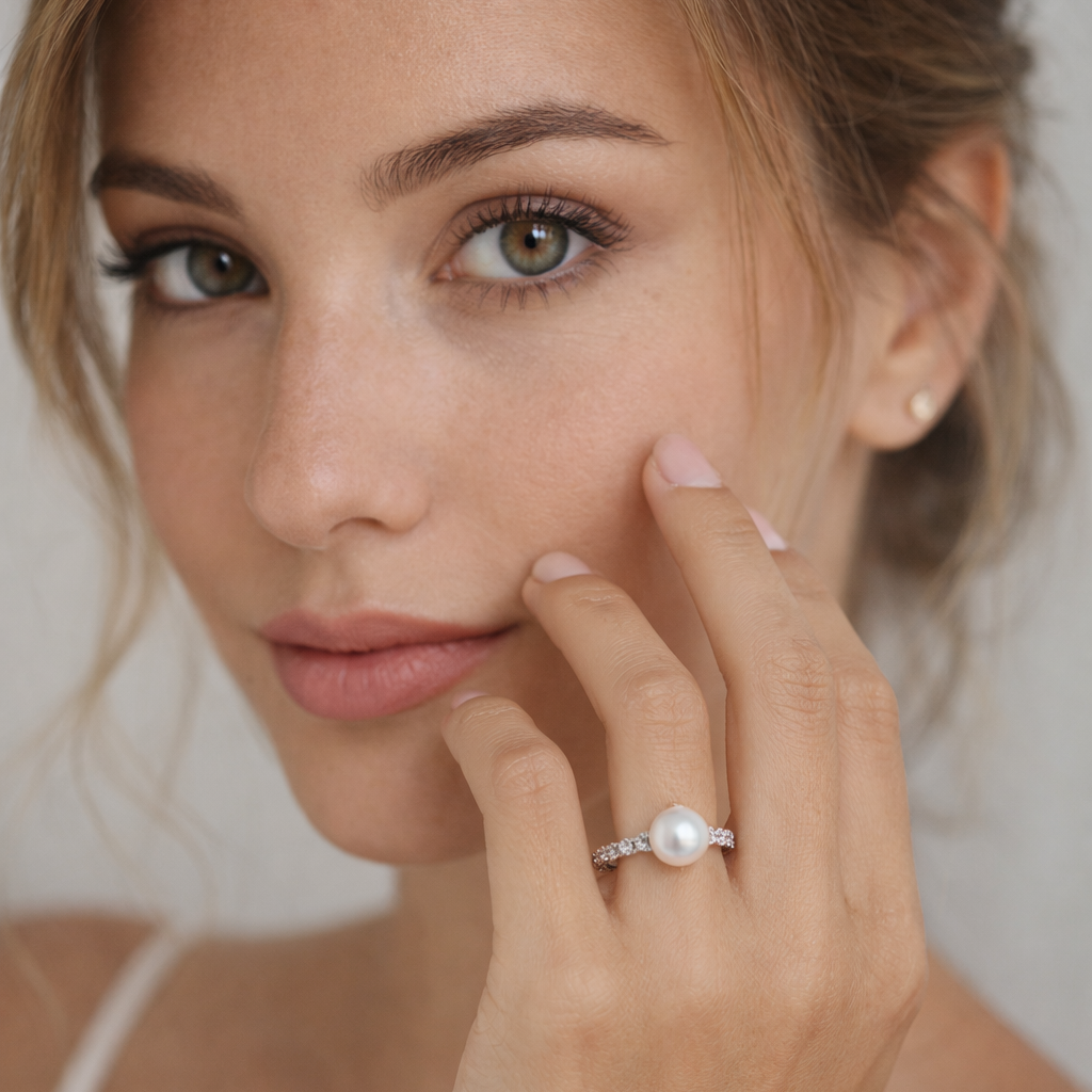 925 Sterling Silver Diamond & Freshwater Cultured Pearl Ring