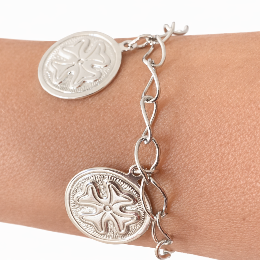 Silver Plated Lucky Clover Charm Bracelet with Embossed Medallions