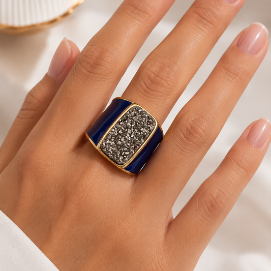 Blue Enamel 18K Gold Plated Ring with Natural Stone