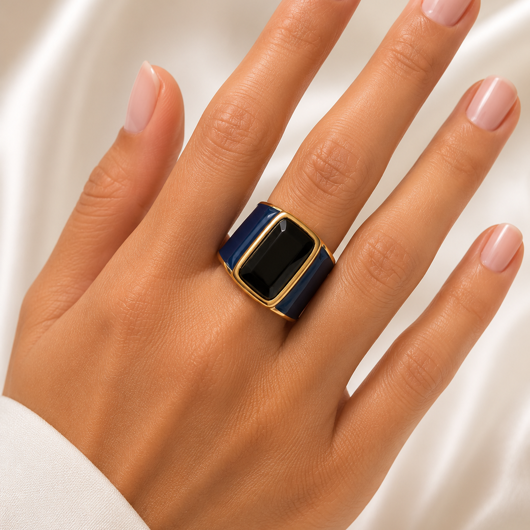 Blue Enamel 18K Gold Plated Ring with Natural Stone