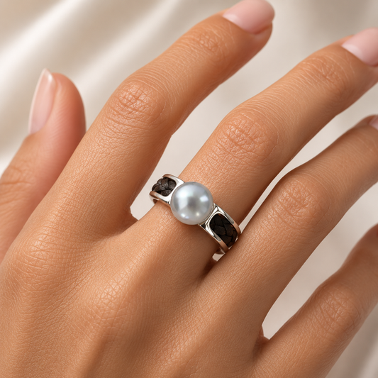 925 Sterling Silver Freshwater Cultured Pearl Woven Leather Band Ring