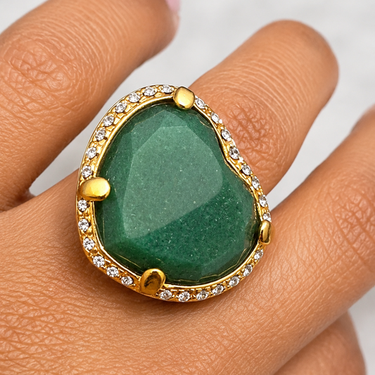 Love Natural Green Agate Ring – 18K Gold Plated with Green Enamel & Zircons