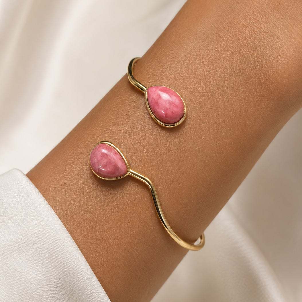 Pink Rhodochrosite Open Cuff Bracelet – 18K Gold Plated