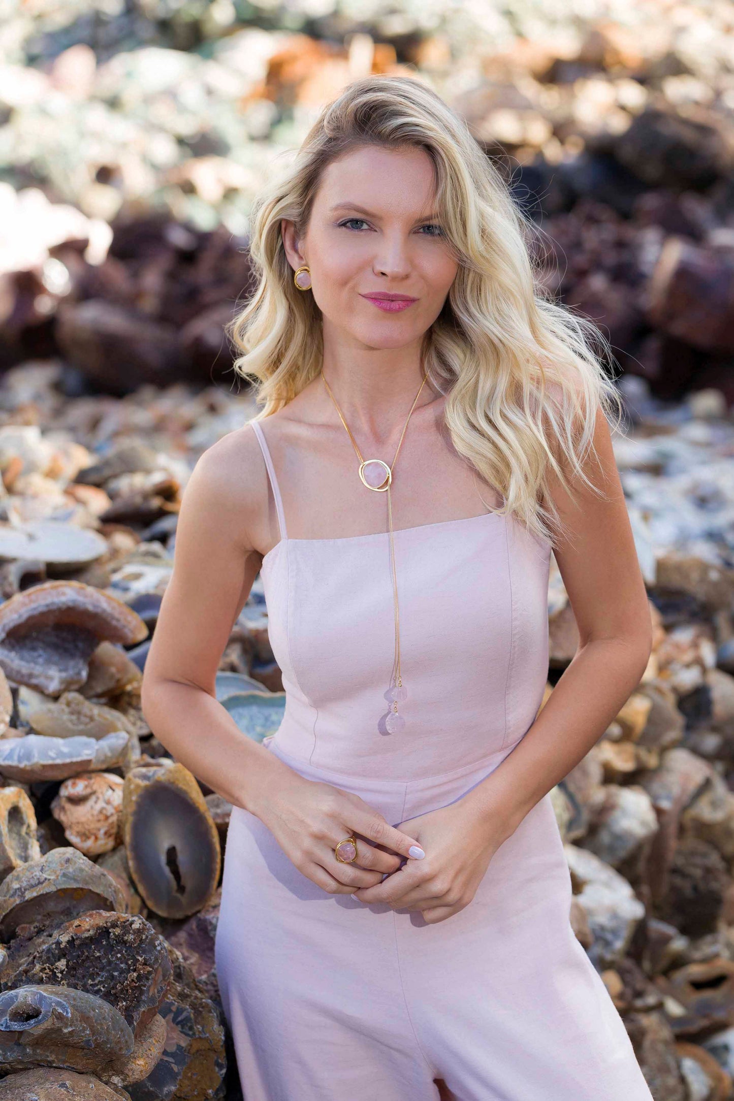 Pink Quartz Adjustable Necklace – 18K Gold Plated