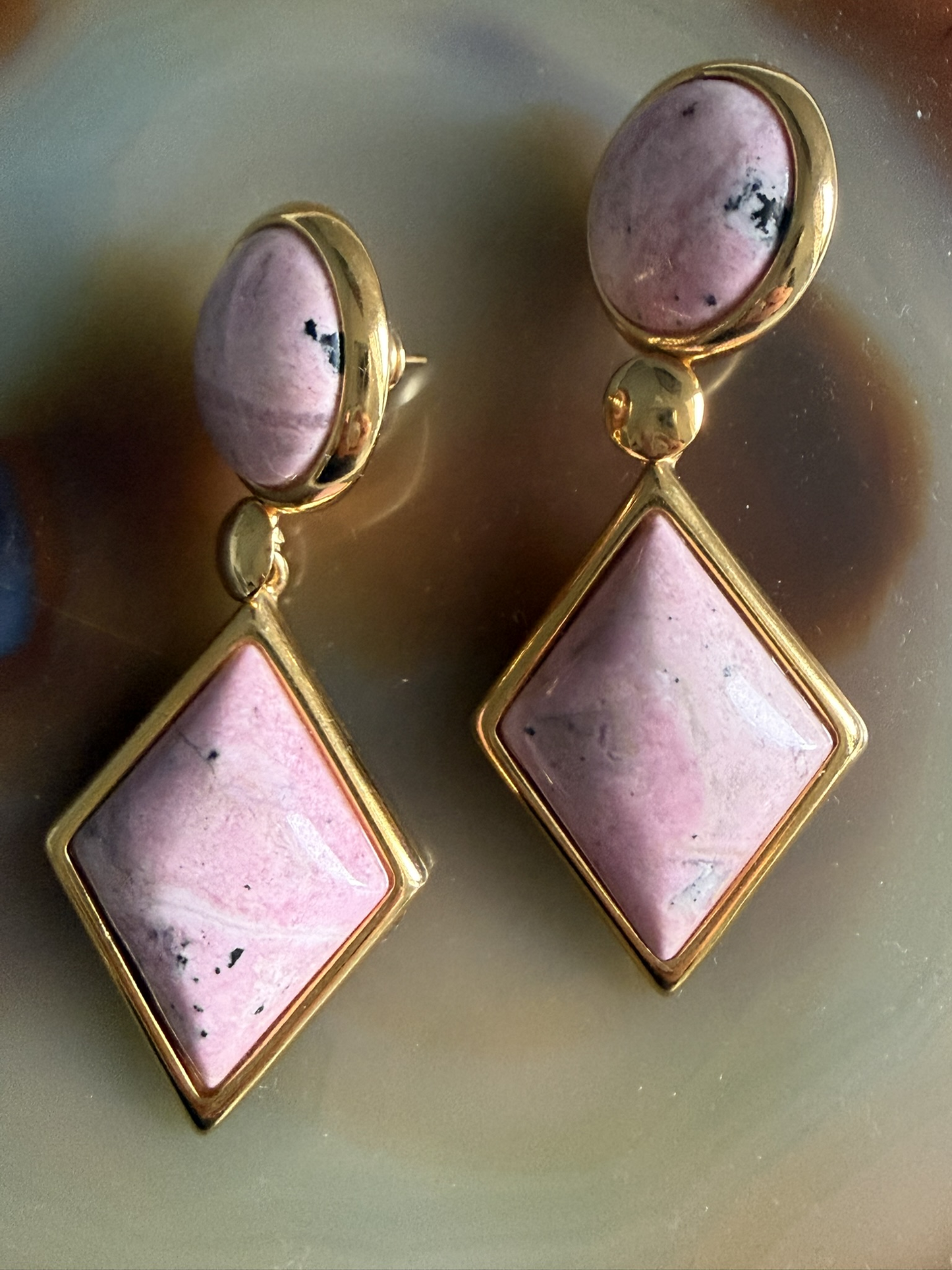 Natural Pink Rhodochrosite Earrings – 18K Gold Plated