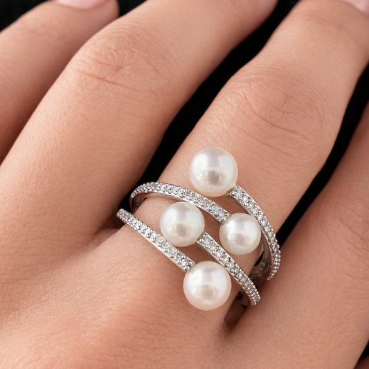 925 Sterling Silver Diamond & Freshwater Cultured Pearl Ring