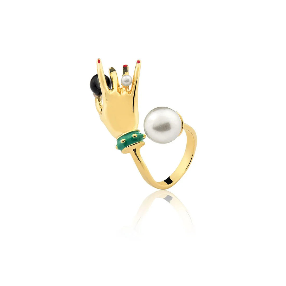 Golden Muse Hand & Pearl Ring – 18K Gold Plated