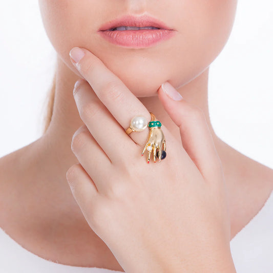 Golden Muse Hand & Pearl Ring – 18K Gold Plated