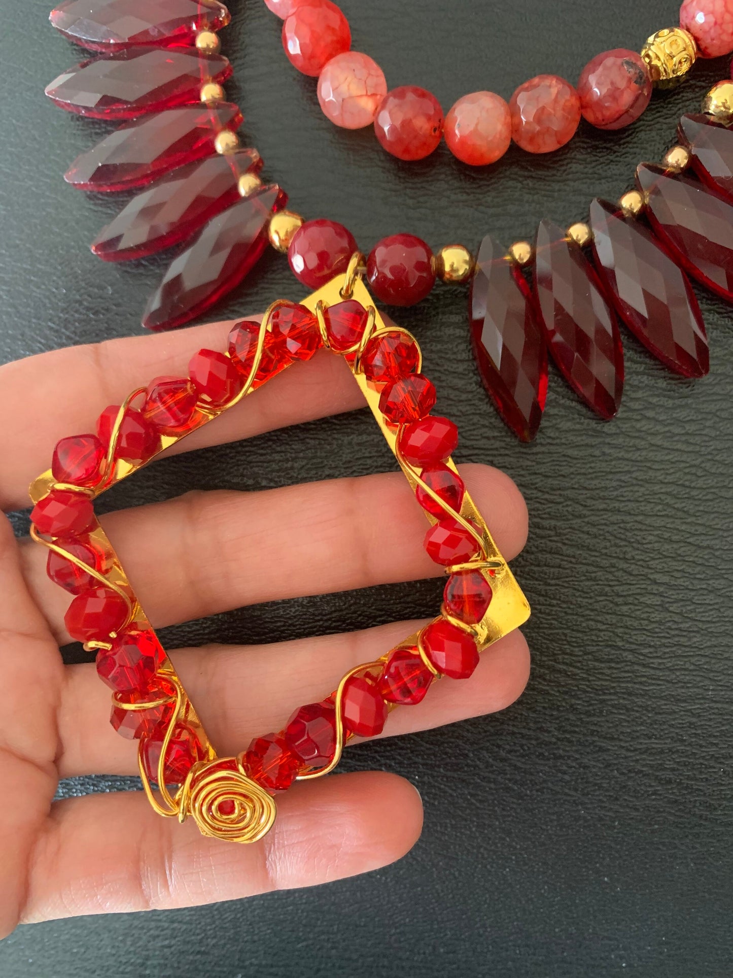 Handmade Red Agate & Crystal Necklace – 24K Gold Plated