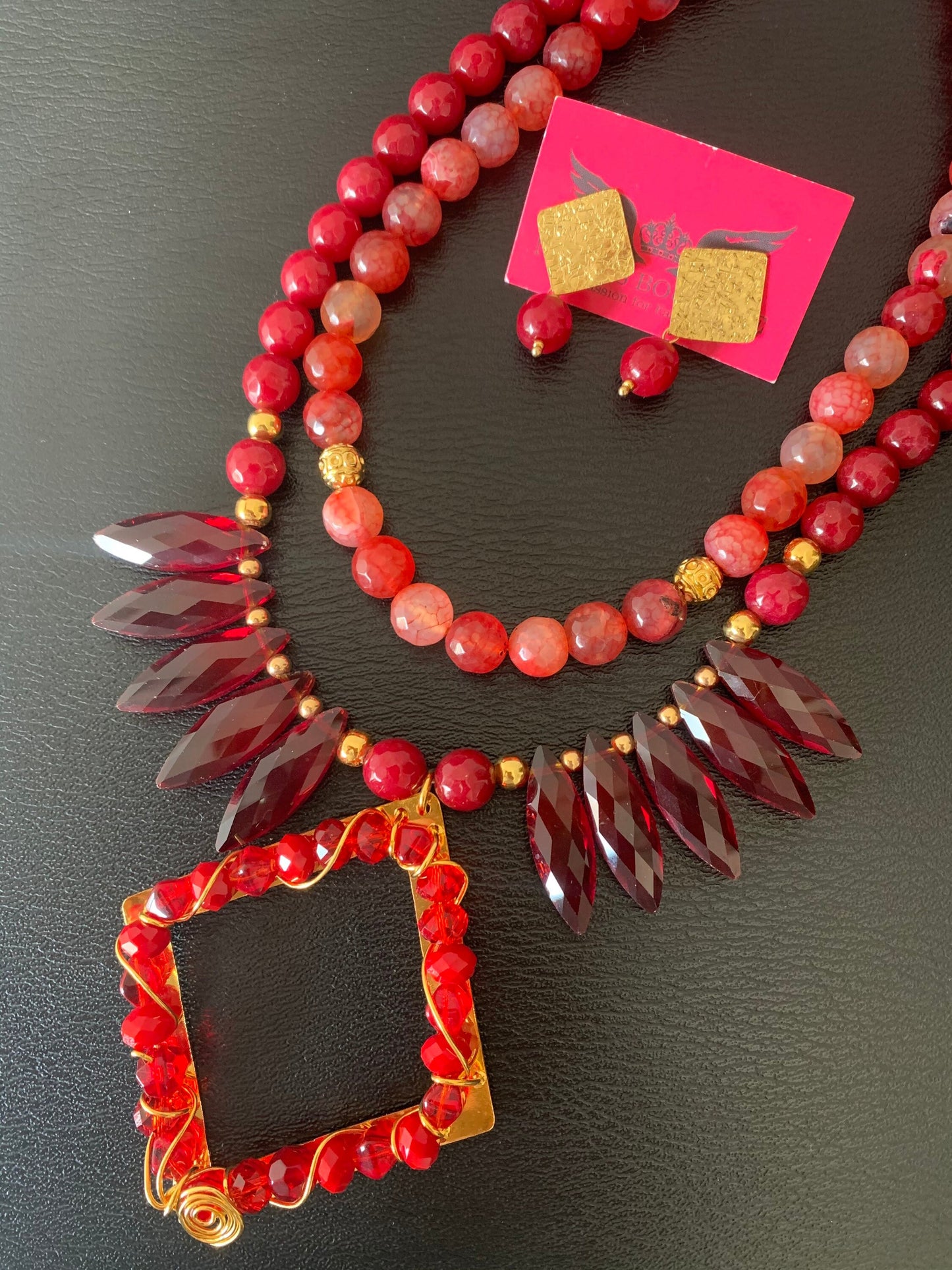 Handmade Red Agate & Crystal Necklace – 24K Gold Plated
