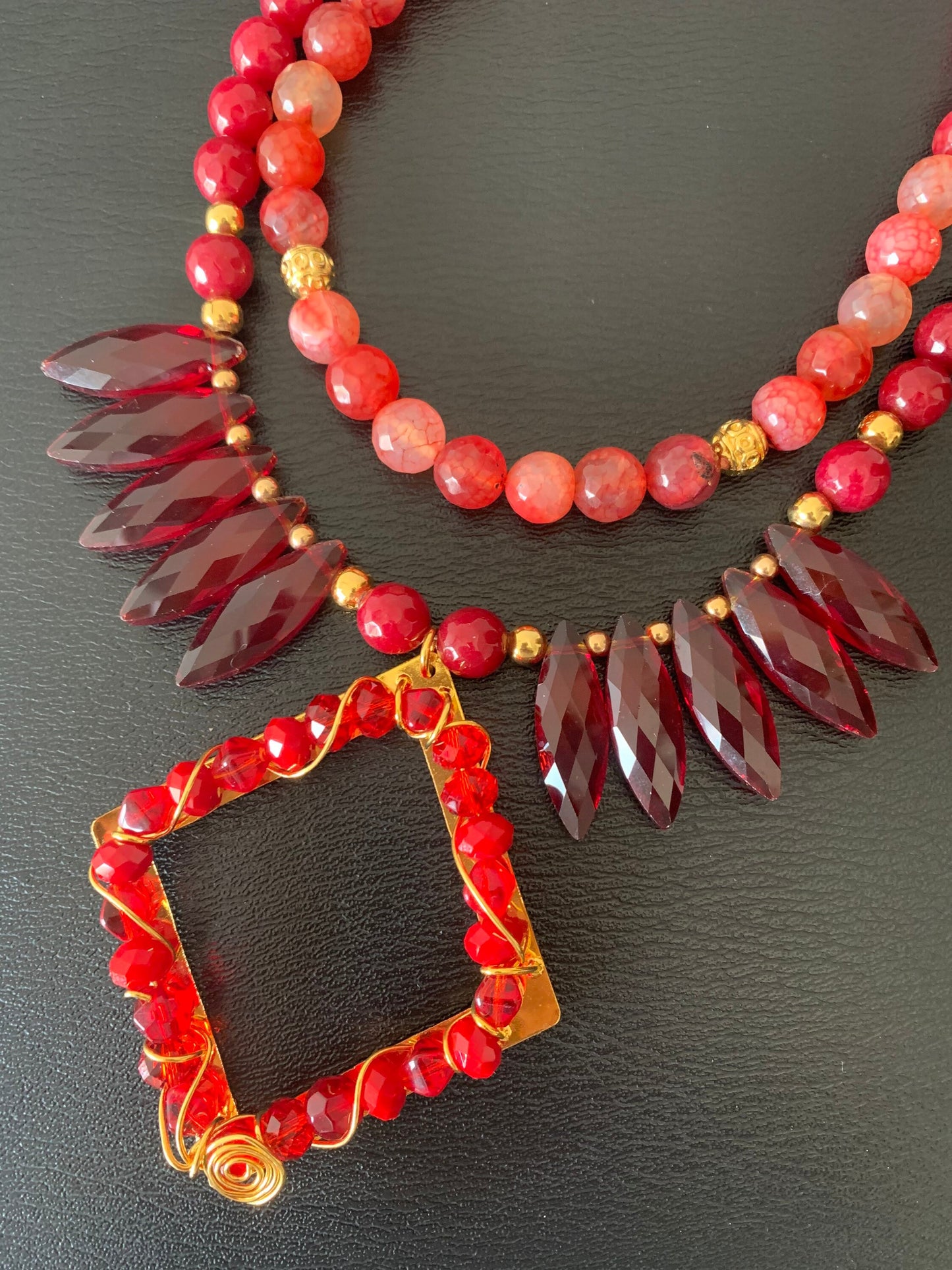 Handmade Red Agate & Crystal Necklace – 24K Gold Plated