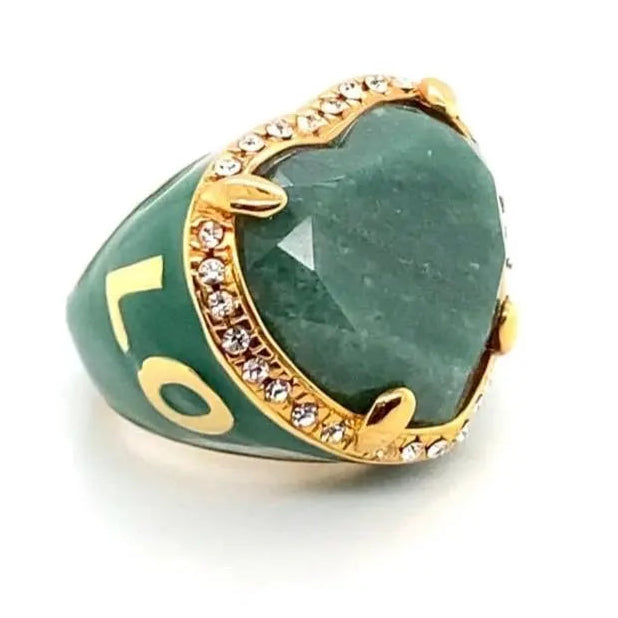 Love Natural Green Agate Ring – 18K Gold Plated with Green Enamel & Zircons