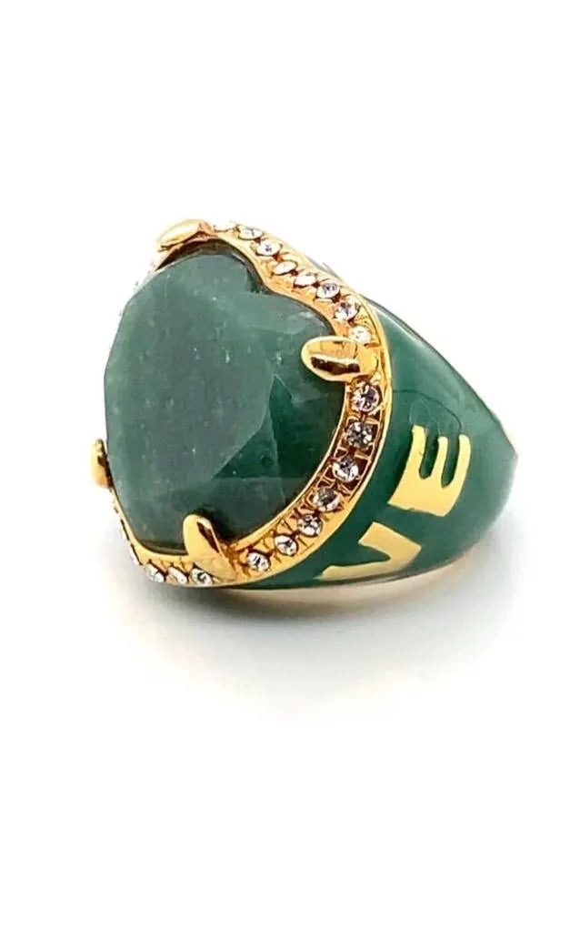 Love Natural Green Agate Ring – 18K Gold Plated with Green Enamel & Zircons